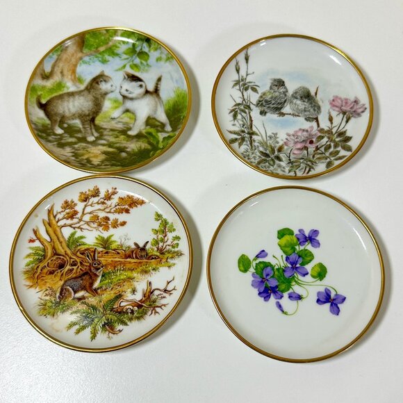 AK Kaiser Porcelain Trinket 4" Plates Coasters Germany Wildlife/Flowers Set Of 4 - Picture 1 of 11